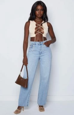 Beginning Boutique Tash Cream Lace Up Top Tops