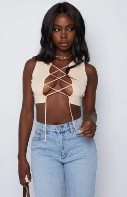 Beginning Boutique Tash Cream Lace Up Top Tops