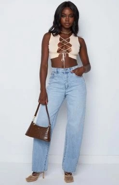 Beginning Boutique Tash Cream Lace Up Top Tops