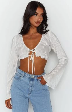 BB Exclusive Tayla White Pleated Long Sleeve Top New