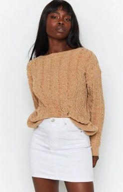 Beginning Boutique Long Sleeve Tops The Alps Cable Knit Jumper Tan