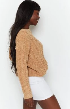 Beginning Boutique Long Sleeve Tops The Alps Cable Knit Jumper Tan