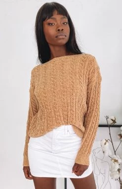 Beginning Boutique Long Sleeve Tops The Alps Cable Knit Jumper Tan