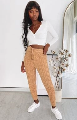 Beginning Boutique Bottoms Queenstown Cable Knit Pants Tan