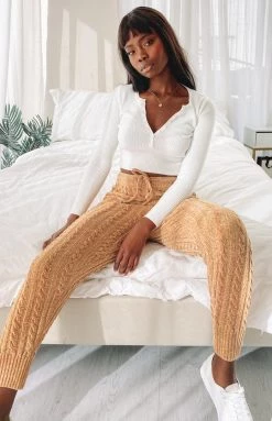 Beginning Boutique Bottoms Queenstown Cable Knit Pants Tan