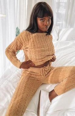 Beginning Boutique Bottoms Queenstown Cable Knit Pants Tan