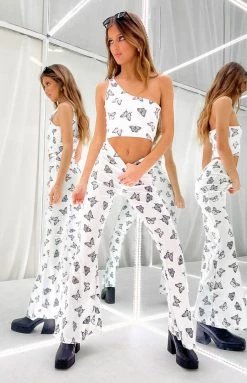 The Volt Mimi White Butterfly Print Flare Pants