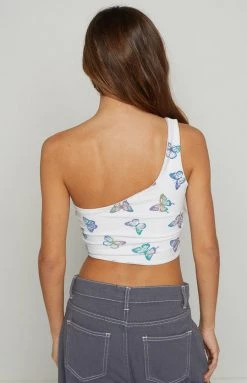 New The Volt Mimi White Butterfly Print One Shoulder Top 16 New The Volt Mimi White Butterfly Print One Shoulder Top