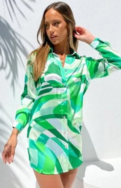 Beginning Boutique The Wavy Long Sleeve Shirt Dress Green