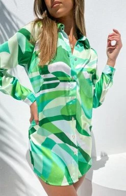 Beginning Boutique The Wavy Long Sleeve Shirt Dress Green