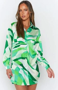 Beginning Boutique The Wavy Long Sleeve Shirt Dress Green