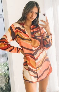 Beginning Boutique The Wavy Long Sleeve Shirt Dress Pink