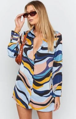 Beginning Boutique Dresses The Wavy Long Sleeve Shirt Dress Blue