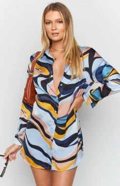 Beginning Boutique Dresses The Wavy Long Sleeve Shirt Dress Blue