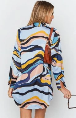 Beginning Boutique Dresses The Wavy Long Sleeve Shirt Dress Blue