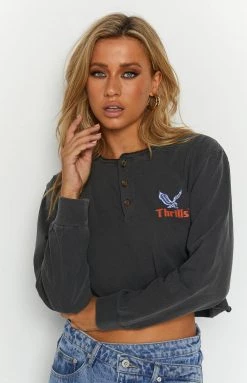 Tops Thrills Merch Black Not Forgotten Henley Crop LS Tee