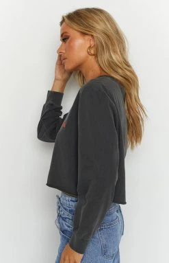 Tops Thrills Merch Black Not Forgotten Henley Crop LS Tee
