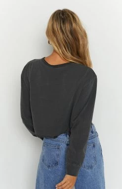Tops Thrills Merch Black Not Forgotten Henley Crop LS Tee