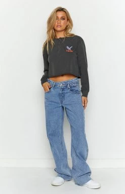 Tops Thrills Merch Black Not Forgotten Henley Crop LS Tee