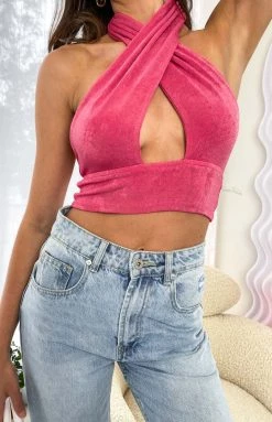 Beginning Boutique Tia Pink Cross Neck Top Tops