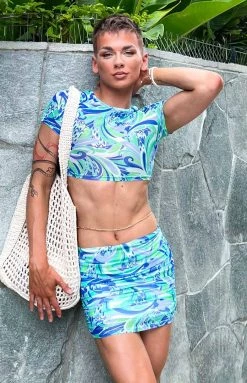 BB Exclusive Bottoms Violet Blue Print Mesh Mini Skirt