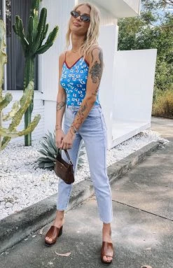 Beginning Boutique Tops White Blossom Crop Top Blue