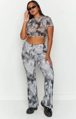 BB Exclusive Willow Black Print Mesh Flare Pants