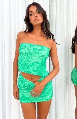 BB Exclusive Wynter Green Print Strapless Top Tops
