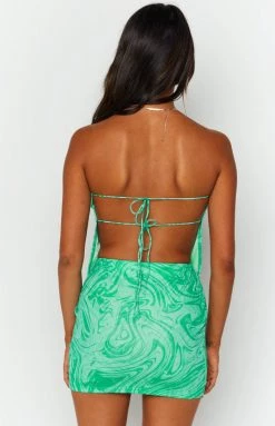 BB Exclusive Wynter Green Print Strapless Top Tops