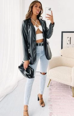 Beginning Boutique Outerwear Zina PU Blazer Black