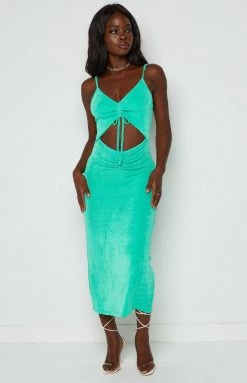 BB Exclusive Zoey Green Ruched Front Midi Dress
