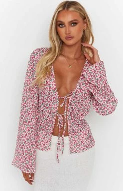 BB Exclusive Zoey Pink Floral Tie Long Sleeve Top
