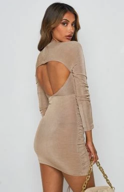 Beginning Boutique City Girl Ruched Mini Dress Latte