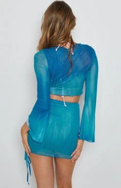 Beginning Boutique Coral Ruched Mini Skirt Blue Bottoms