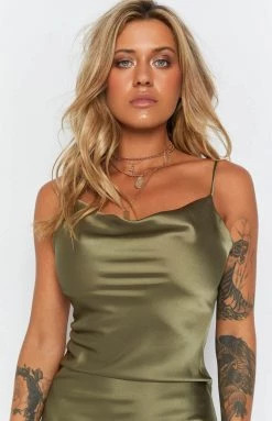 Beginning Boutique Schiffer Slip Midi Dress Khaki Dresses